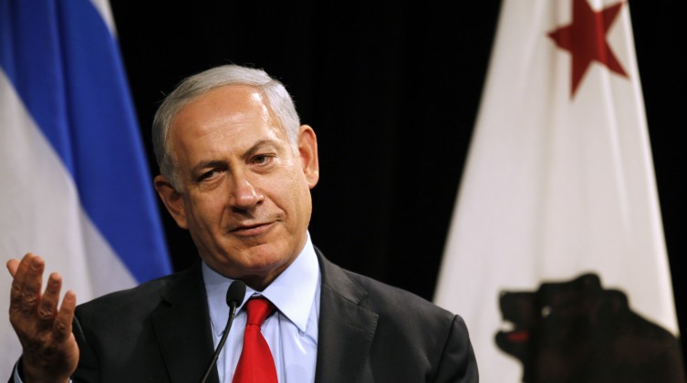 Israel's PM Netenyahu gestures as he speaks at the Computer History Museum in Mountain View