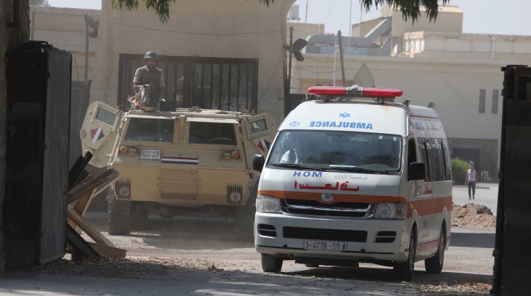 An ambulance transporting a patient arrives from the Egyptian side of Rafah border crossing at the southern Gaza Strip