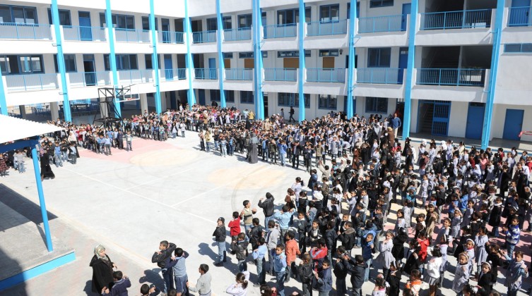 Palestinian school children stage a demonstration in Gaza