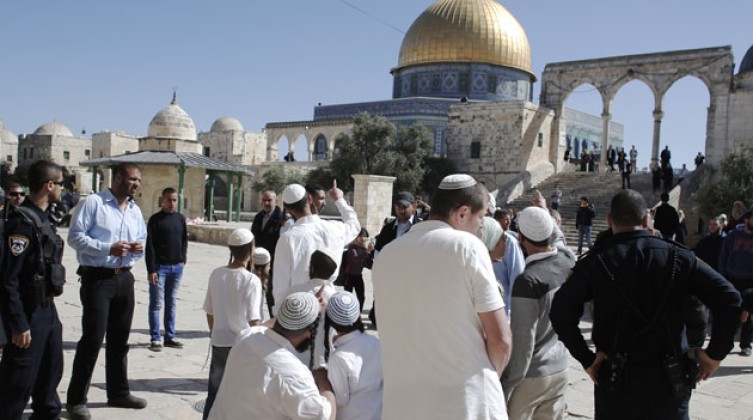 عشرات المستوطنين بحماية شرطة الاحتلال يستبيحون ساحات الأقصى الشريف - ( ا ف ب )