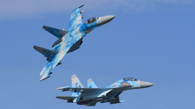 Ukrainian Su-27 fighter jets are seen at an airforce base near Zhytomyr