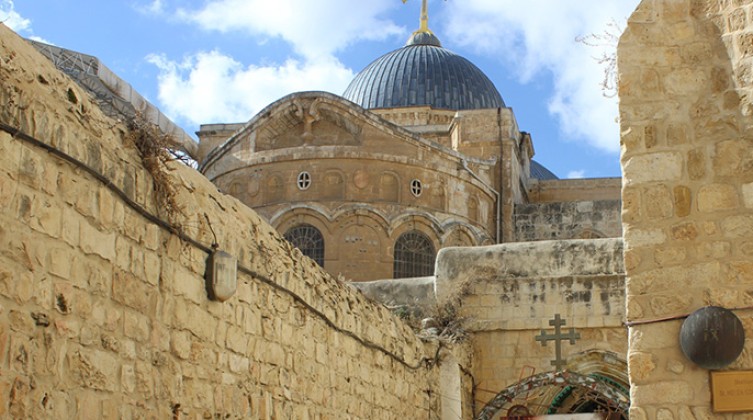 A general view of the entrance and the closed doors of the Church of the Holy Sepulchre in Jerusalem's Old City